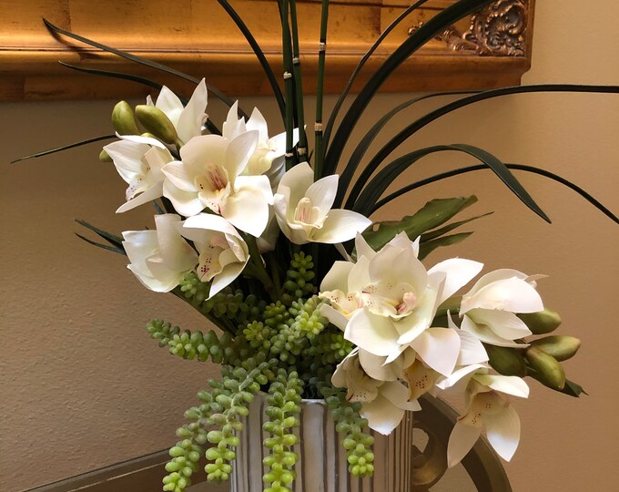 White Orchid Arrangement, Silk Orchid Floral, Orchids With Succulents