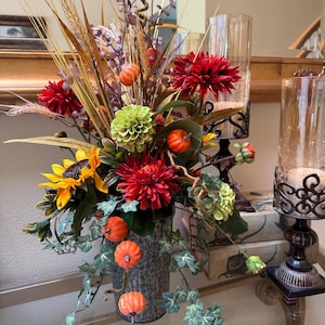 Rustic Fall Floral Arrangement in Galvanized Vase – Farmhouse Autumn Centerpiece with Mini Pumpkins, Wheat & Eucalyptus