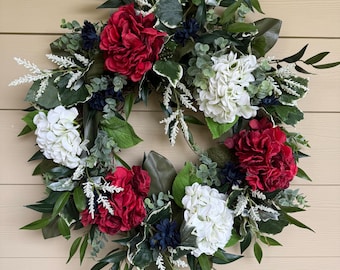 Corona roja, blanca y azul, corona de hortensias, decoración americana, decoración patriótica