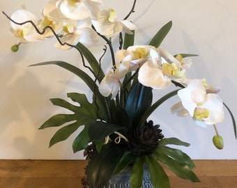 Faux White Orchid Arrangement: Contemporary Succulent Centerpiece