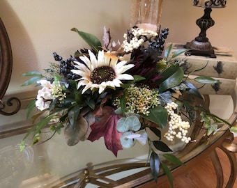 Farmhouse Sunflower Arrangement, Rustic Fall Floral Centerpiece
