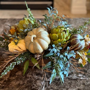 Neutral Fall Centerpiece, Pumpkin-Artichoke Arrangement, Rustic Autumn Table Decor, Cream Pumpkin Decor, Harvest Home Decor