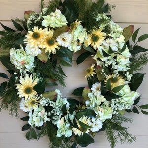 Wildflower Yellow-Cream Wreath, Summer Wreath for Front Door, Front Door Wreath, Faux Floral Wreath, Front Door Decor