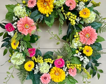 Corona de margaritas alegres / 24-25" Decoración para puerta de entrada de primavera y verano, corona de porche