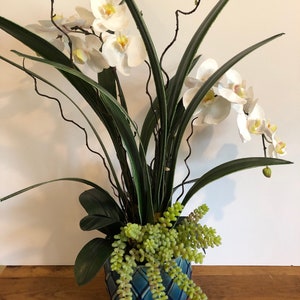 Faux White Orchid Arrangement in Blue Ceramic Vase – Realistic Phalaenopsis – Artificial Orchid Centerpiece for Home or Office Décor
