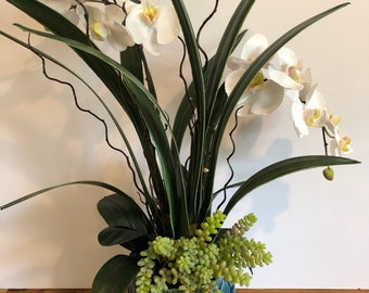 Faux White Orchid Arrangement: Blue Ceramic Vase, Realistic Floral Centerpiece