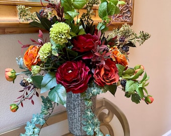 Centro de mesa floral otoñal: Jarrón de metal galvanizado, decoración rústica otoñal