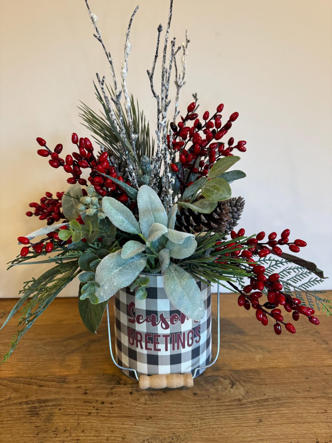 Rustic Garbage Pail Farmhouse Christmas Arrangement, Country Christmas Pail Floral, Rustic ...