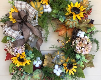 Rustic Sunflower Fall Wreath, Farmhouse Pumpkin Cotton Autumn Decor