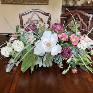 Realistic Magnolia and Rose Centerpiece 32&quot; Faux Floral Arrangement with Lamb’s Ear, Eucalyptus & Fern Blush, Burgundy and Green Table Decor