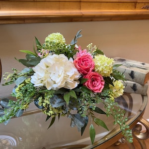 Elegant Artificial Centerpiece, French Country Hydrangea Rose Dahlia Arrangement, Dining Table Arrangement, White Hydrangeas, Pink Roses