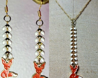 Orange White and Gold Enamel Kawaii FOX charm necklace and Earrings Matching Set