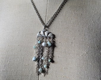 Silver and Larimar cascading gemstone chain waterfall necklace