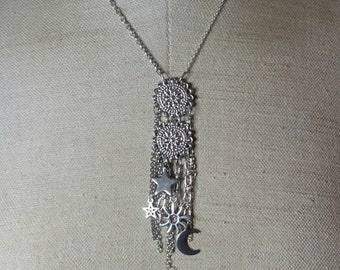The Sun, the Moon and Stars Silver Chain cascading Charm and chain waterfall statement necklace