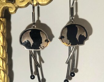 Sterling silver Oxidized Vintage Panda charm earrings with organic bamboo shapes