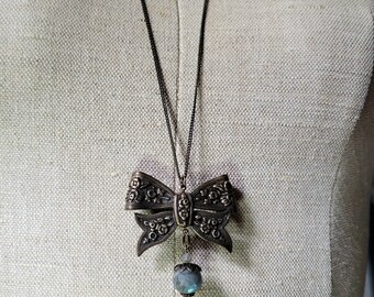 Vintage Oxidized Brass Bow and capped labradorite charm pendant necklace