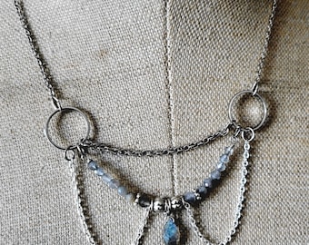 Labradorite Silver Plated Victorian style statement necklace - upcycled vintage jewelry