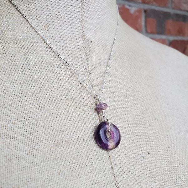 Striped Rainbow Fluorite Hoop and amethyst gemstone sterling silver necklace