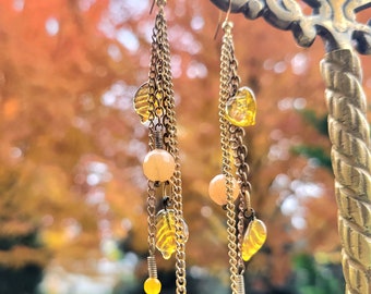 Pumpkin Spice - Long Gold orange aventurine and glass leaf chain earrings