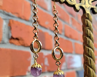 Micro Faceted Light Purple Amethyst gold chain charm earrings