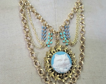 Turquoise Gold and White Kitty Cat Cameo charm statment necklace with enamel chain accents