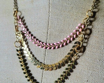 The Greek Goddess Olive Green Rose Pink and Gold enamel triple chain necklace