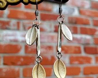 Silver and Gold leaf charm dangle earrings with surgical steel hooks