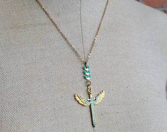 Gold and Turquoise enamel Winged Sword Charm necklace - Topple the Patriarchy