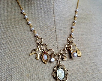 Gold and Pearl statement charm Necklace - vintage ethically sourced components