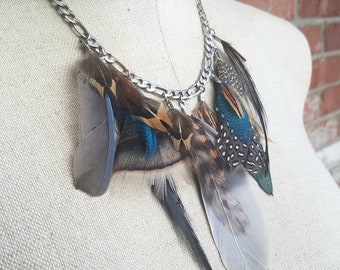 Natural and Blue Feather bib Necklace with silver chain