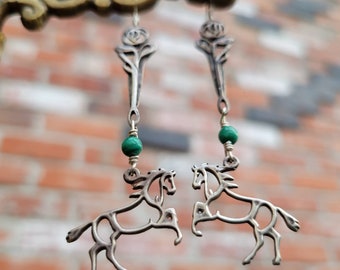 Sterling Silver Horse And Rose charm earrings with malachite