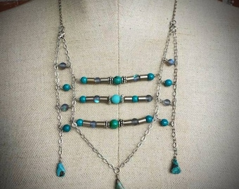 Vintage Silver Turquoise and holographic bead sculptural Gemstone Ladder Bib Necklace - the Whitney