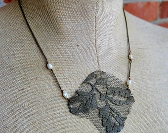 Oxidized Brass Lace Charm Necklace with Fresh water pearls - The Jenn
