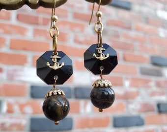 Black Chandelier Glass and Tiger Eye Gold Anchor Charm Earrings the Seahawk