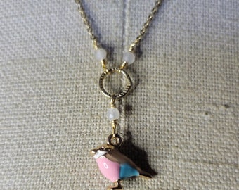 Gold Pink Yellow and Blue Enamel Budgie Finch bird charm necklace with moonstone