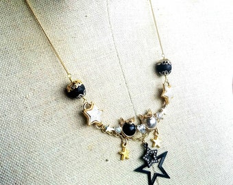 Gold Black and White Cat head and chain bib necklace - with star charms and meteor rock