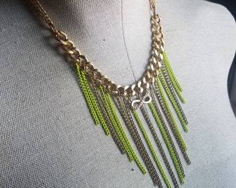 Gold and Neon Yellow-Green enamel bib statement necklace - the Kelly