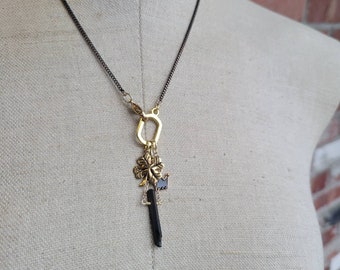 Good Luck, you Queen charm necklace with Black Titanium Quartz Shard four leaf clover and crown