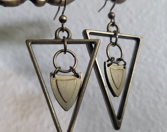 Inverted oxidized brass Triangle and shield charm earrings