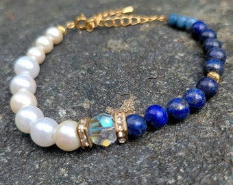 Oh, Hey Sailor - gold beaded bracelet with Pearls and lapis - nautical navy blue and white