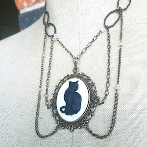 Black and White Brass Kitty Cat Cameo charm statment necklace