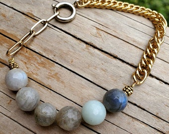 Vintage gold chain and Labradorite gemstone bracelet with Amazonite - Water and Ice