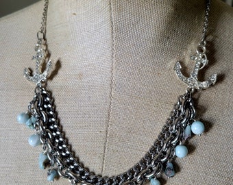 Shimmering Silver and Rhinestone anchor Statement Necklace with Larimar - the Princess sets Sail