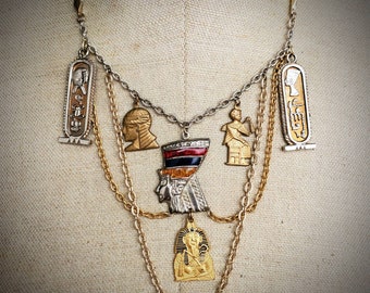 Egytptian themed Mixed Metal Vintage charm necklace - King Tut and Nefertiti - Ethical Upcycled Jewelry