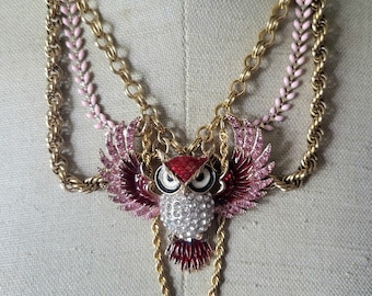 Gold and Pink Enamel Rhinestone Owl Charm Statement necklace - sculptural jewelry