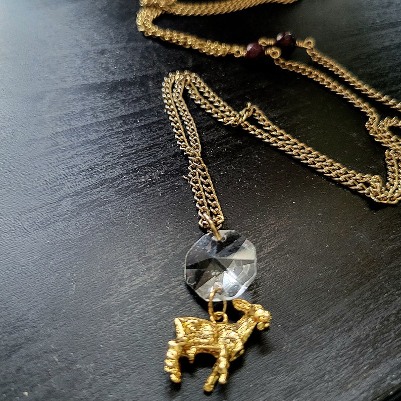 Capricorn Season Gold Garnet Goat Charm pendant necklace with chandelier glass image 2