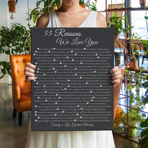 May include: A black canvas print with white text that reads "55 Reasons We Love You". The text is in the shape of a heart and lists 55 reasons why someone is loved. The print is a great gift for a loved one.