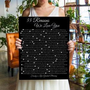 May include: A black and white printable poster with the text "55 Reasons We Love You" and a list of reasons written in a heart shape. The poster is a great way to show appreciation for someone special.