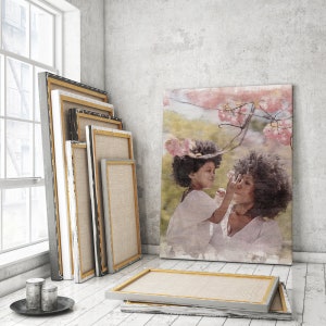 Paint Effect Picture. Mother and Baby Photo on Canvas. Gift Ideas for Family.