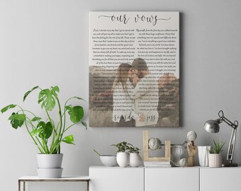 Paper Anniversary. His and her Vows. Picture with vows on canvas.